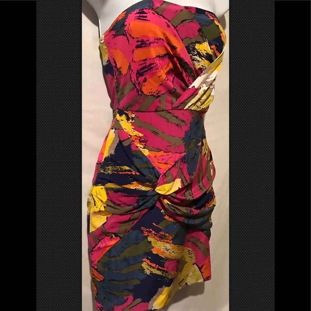 TIBI Strapless Dress Sergenti 100% Silk Twisted Colorful Mini Fitted Red Yellow